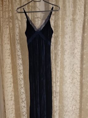 Navy Velvet Slip Dress with Lace Trim